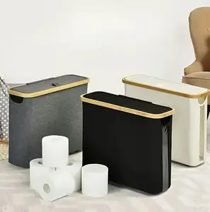 Collapsible Bamboo Fabric Bathroom Storage Basket, Large-Capacity Waterproof Toilet Paper Organizer with Lid