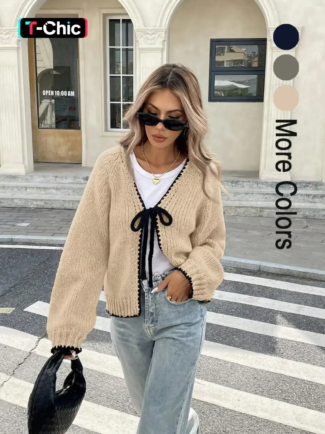 Women's Tie Front Long Sleeve Colorblock Knit Cardigan, Casual Open Front Outerwear for Daily Wear, Ladies Knit Clothing for Spring & Fall, Knitwear