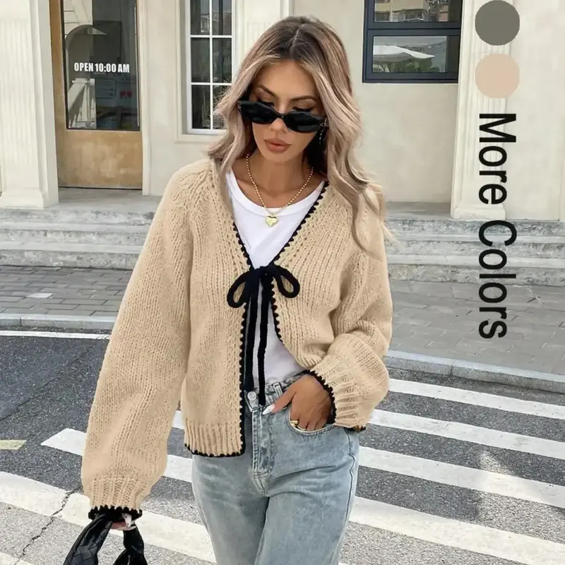 【Black Friday】Women's Tie-Front Long Sleeve Cardigan, Casual Contrast Binding Knitwear for Daily Wear, Ladies Knit Clothing for Spring & Fall