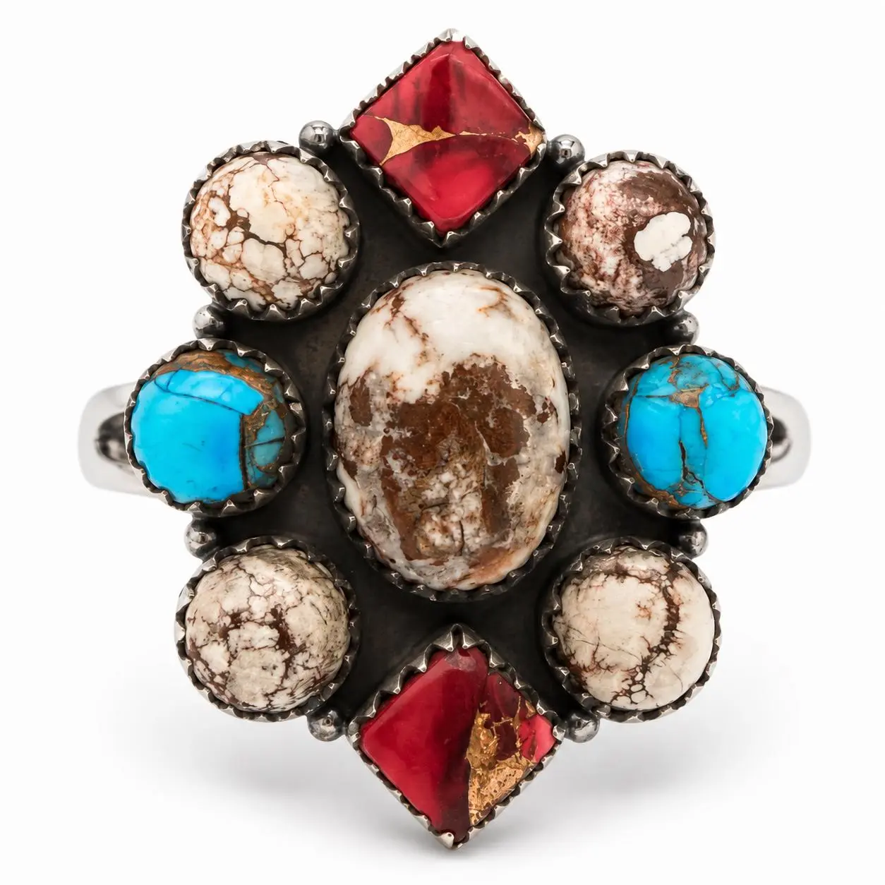 Wild Horse Jasper & Red Rose Dahlia .925 Sterling Silver Adjustable Cluster Ring