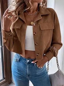 A women's brown buttoned-collar short woven Fabric fitted jacket coats with a lapel, featuring a simple and elegant style, is highly versatile and suitable for casual wear.