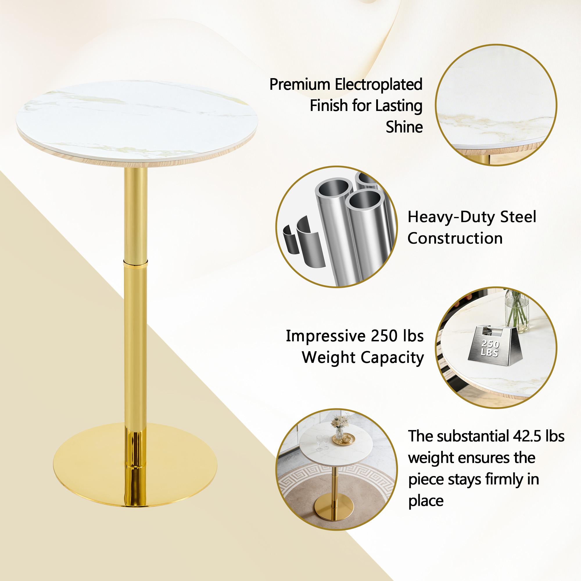Adjustable Bar Height Set, Round White Marble Pub Table with Gold Chrome Leg & 2 Black Padded PU Leather Bar Stools with Swivel Function, Bistro Set for Small Spaces
