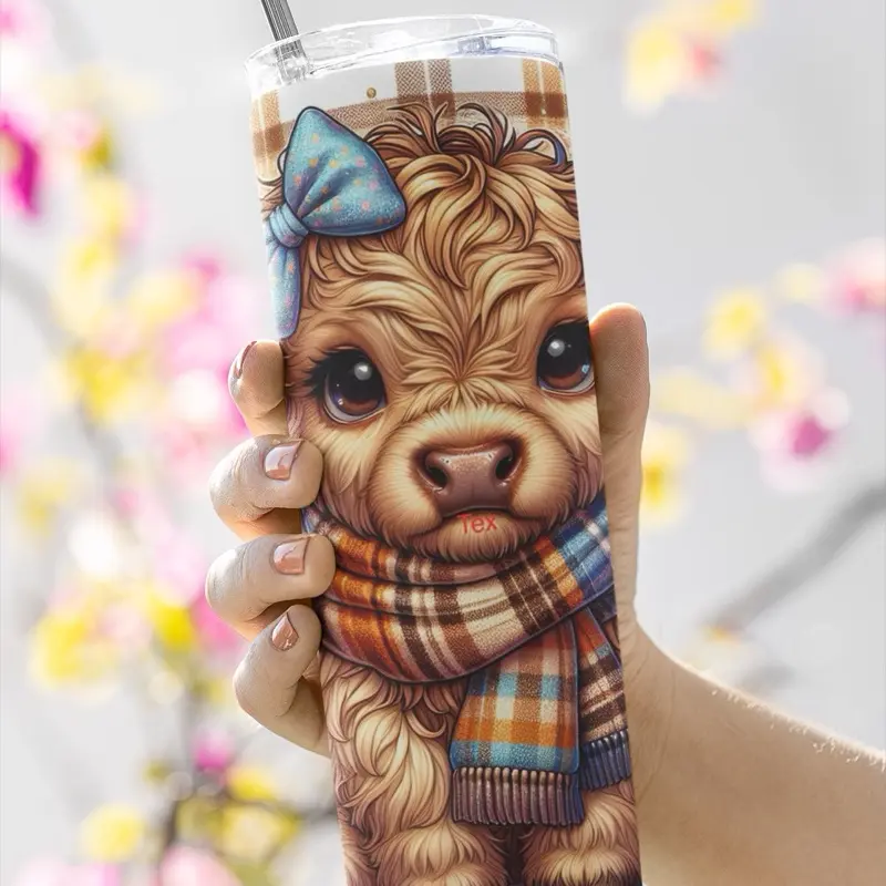 Highlandland Cow with Blue Bow & Plaid Scarf Design 20oz Double Wall Skinny Tumbler Unique Animal Art Drinkware Eco-Friendly Reusable Washable Portable Coffee Tea Mug Stainless