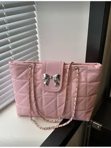 Fashion Solid Color Elegant Stitched Zip Chain Shoulder Bag Pink PU Tote Satchel