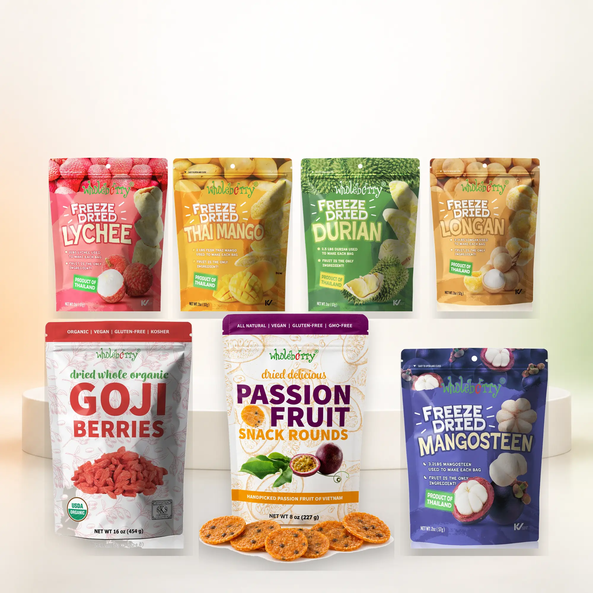 WholeBerry Dried & Freeze-Dried Fruit Snacks – Choose Flavor & Size: Passion Fruit, Lychee, Durian, Longan, Mango, Hawthorn, Mangosteen or Goji Berries, 2 oz / 8 oz / 16 oz