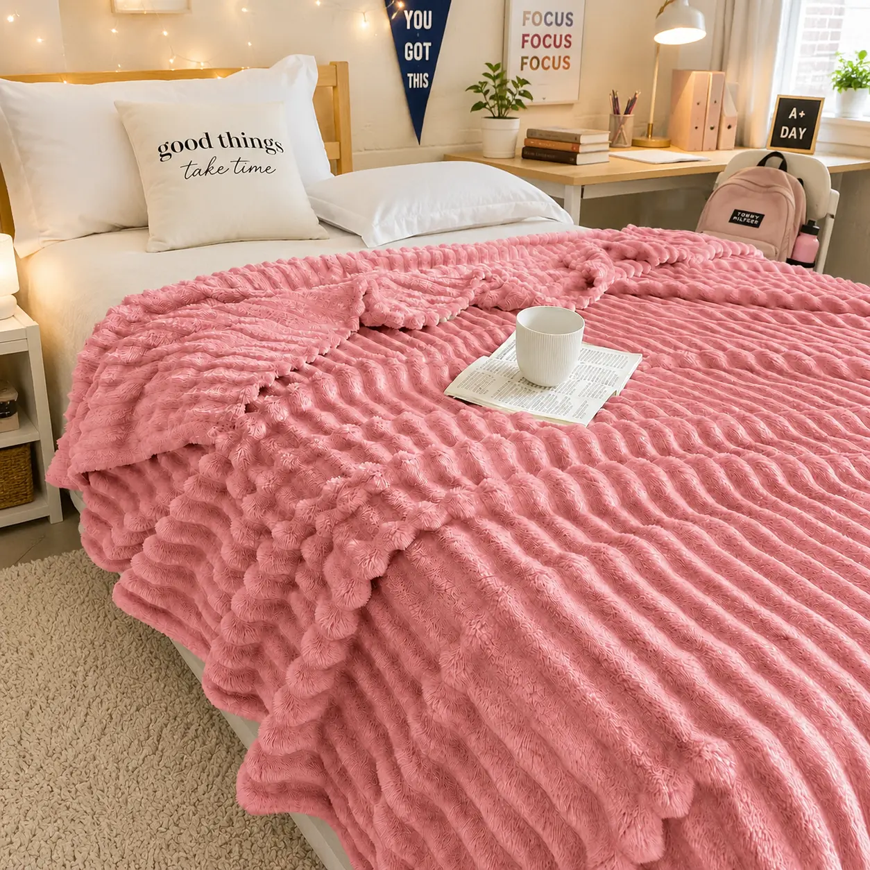 【Backtoschool Offer】Raybee Fleece Throw Blanket, 300 GSM Super Soft Warm Blanket, 3D Stripe Texture Thick Fluffy Blanket, Lightweight Blanket for Couch, Sofa, Bed, Living Room, Office, Dorm,Home Decor, All Seasons, Decorative, Gift Idea