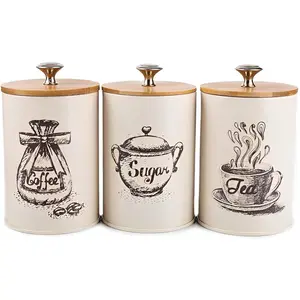 Canister Sets for Kitchen Counter, Coffee Sugar Tea Canister Set, Metal Vintage Kitchen Containers 3 Pack, Food Storage Containers with Bamboo Lid, Farmhouse Decor, Beige Utensils Tin Steel