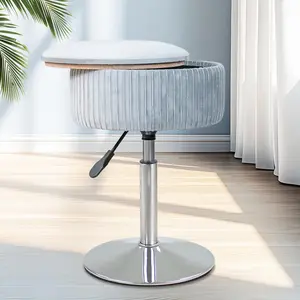 Velvet Vanity Stool for Makeup Room, Round Storage Ottoman Height Adjustable Vanity Chair, 360 °   Swivel Footrest for Living Room Bedroom, Grey