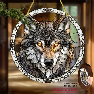 2D Flat 1 Piece Wolf with Glowing Eyes Sun Catcher, 2D Flat Sun Catcher, Round Acrylic Dream Catcher Sign, Hanging Window Decoration, for Halloween/Nature Themed Events - Acrylic 8x 8inch Ornaments Hangable
