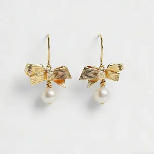Tewiky Gold Cubic Zirconia Bowknot Glass Pearl Drop Stud Earrings for Women, Elegant Dainty Bow Pearl Earrings, Fashion Jewelry Gift