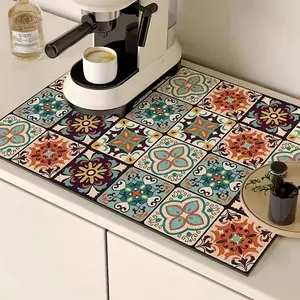 Floral Pattern Coffee Machine Mat, 1 Count Non-slip Absorbent Coffee Machine Mat, Kitchen Countertop Dish Drying Mat, Coffee Bar Accessories