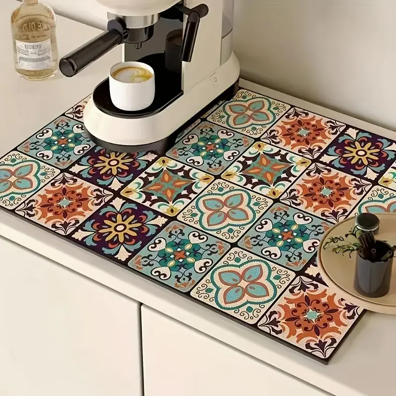 Floral Pattern Coffee Machine Mat, 1 Count Non-slip Absorbent Coffee Machine Mat, Kitchen Countertop Dish Drying Mat, Coffee Bar Accessories, Place Mat