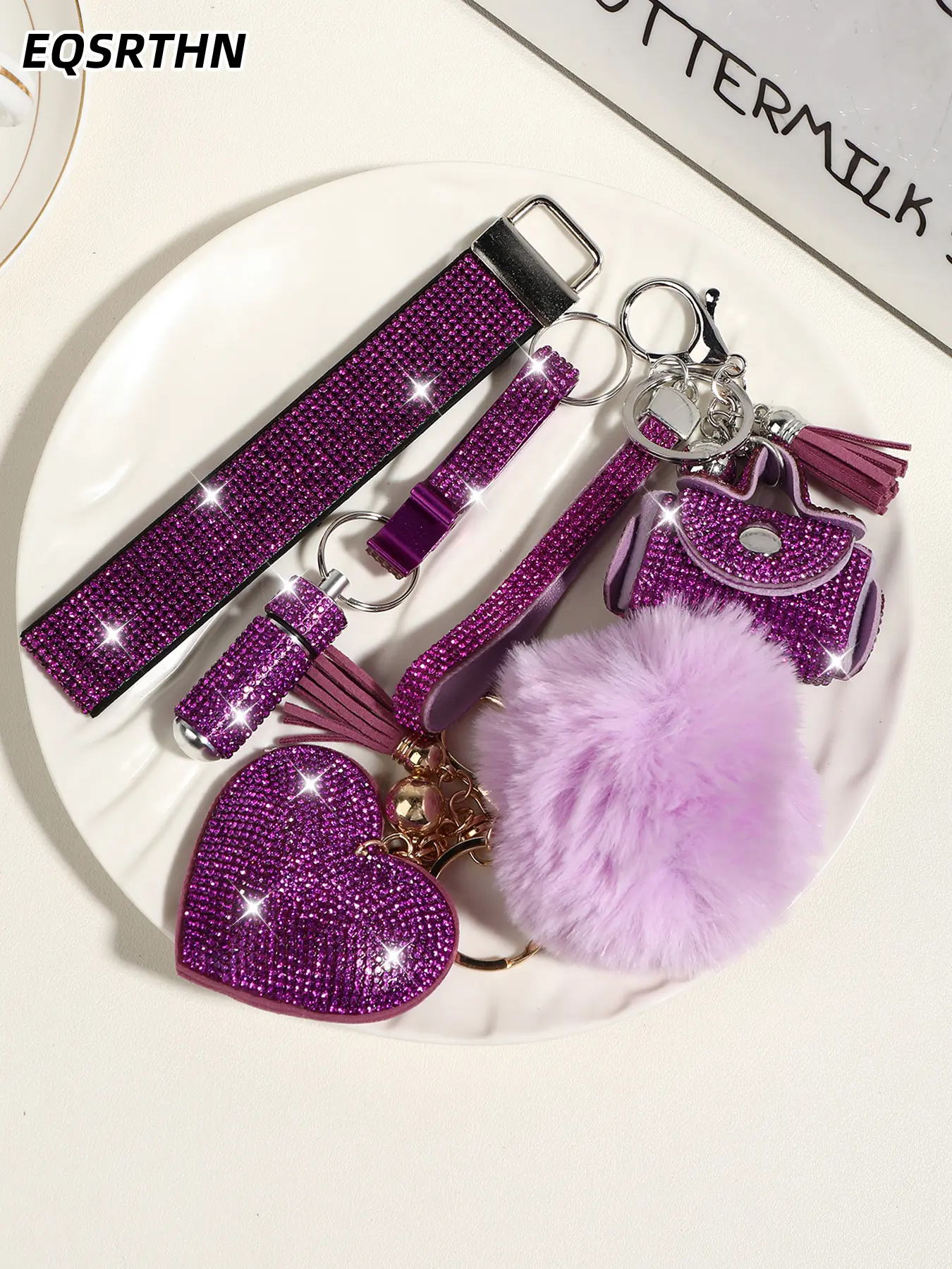Purple full-diamond keychain, densely inlaid with sparkling diamonds that never fall off, plush tassel delivers exquisite texture, multiple styles available for free matching, Bling bling keychains