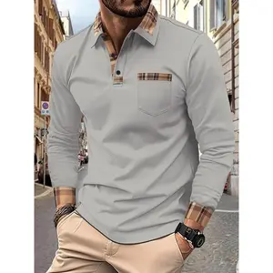 [Urban Style] Men's Navy Blue Plaid Collar Long Sleeve Shirt - Casual Fashion Button-Up Shirt, Chest Pocket, Polyester Blend, Suitable for Casual Wear Fabric Menswear