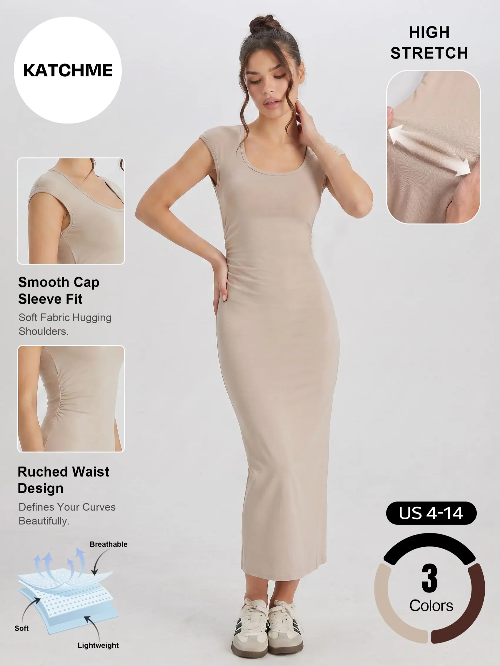Katch Me Chic Women's Elegant Solid Color High Stretch Cap Sleeve Maxi Dress, Lightweight Skin-Friendly Side Ruched Flattering Summer Dresses, Breathable Cool Touch Soft Daily Outfit #TikTokMadeMeBuyIt #SummerEssentials #MaxiDress