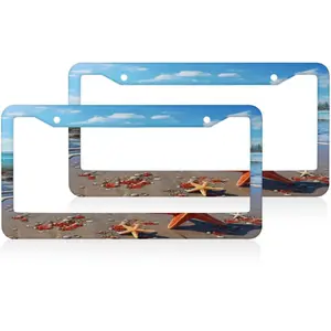 Starfish Sea Shells Sunny Sky License Plate Frame Universal Accessories Cars Decor with 2 Holes and Screws Fits Us Standard License Plates 12.2x6.3 Inch Set of 2 pieces ﻿