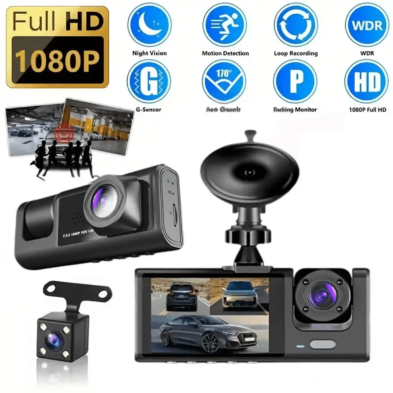 1080P Dash Cam Car Driving Recorder Car Dvr Dual Dash Cameras/Triple Channel, Super Night Vision, G-Sensor, Parking Mode, Motion Detection Loop Recording for Car Security Front/Rear/Interior Camera