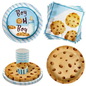 Boy oh Boy Milk and Cookies Baby Shower Party Supplies 64 Piece Tableware Set Includes Large 9" Paper Plates Dessert Plates, Cups and Napkins Kit for 16