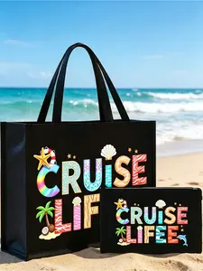 Cruise-themed linen tote bag and storage bag set, featuring coconut trees, shells, dolphins, starfish, and cruise life prints, including handbags and cosmetic bags, lightweight and foldable storage bags, essential for the beach