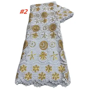 Wholesale African Milk Silk Eyelet Lace Fabric with Sequins, Latest French Mesh Lace for Wedding Dresses, High-Quality Embroidered Material
