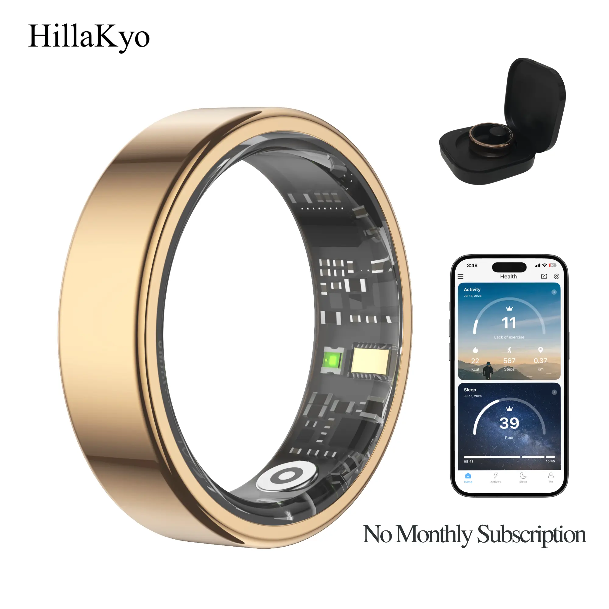 Hillakyo R02S - Upgraded Classic R02 Smart Ring for Men & Women, 24/7 Sleep & Fitness Tracker, Body Temperature/HRV/Heart Rate/Stress Monitor, Cycle Tracking, IP68 Waterproof, iOS & Android, Charging Case, No Subscription app , health Wearable gift