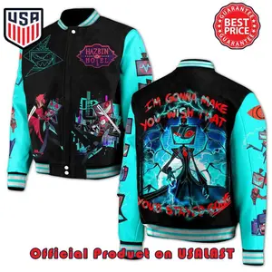 Hazbin Quote Varsity Jacket Unisex, Anime Inspired Streetwear, Bold Graphic Bomber Coat, Trendy Fan Gift Idea