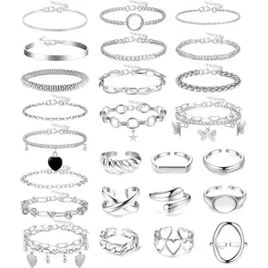 ZELORES 25 Pieces of Silver Color Matching Bracelet Ring Set Female Thick Star Cuba Chain Stackable Bracelet Adjustable Big Ring Exquisite Jewelry Gift Box.