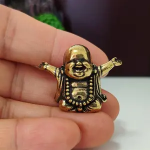 Hot Selling Laughing Buddha Brass Figurine, Tea Pet Desk Ornament, Copper Carving Handheld Decorative Statue, Collectible Craft, Decoration, Religious, Religious Home Decor