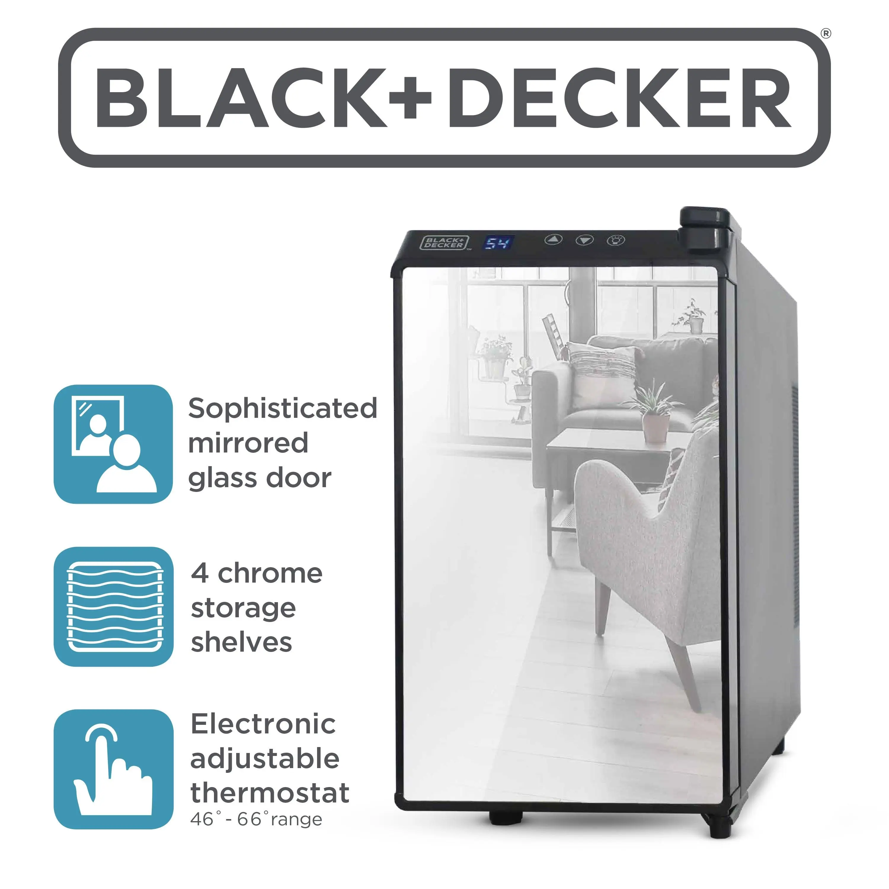 BLACK+DECKER 8-Bottle Compact Thermoelectric Wine Cooler - Heat and Cold Temperature Control, Mirrored Front, LED Display, Silent Operation, Adjustable Chrome Racks, UV Protection, BD60326, Mini Cooler Refrigerators
