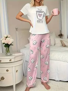Women's 2-Piece Pajama Set, Heart Print Short Sleeve Top and Long Pants, Comfortable Soft Sleepwear, Loungewear, Homewear, Fashionable Nightwear for All Seasons, Pjs