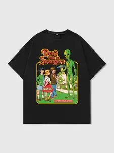 Men's Cartoon Alien & Letter Print Round Neck Tee, Regular Fit Street Fashion Casual Short Sleeve T-Shirt for Daily Wear, Men's Summer Clothes