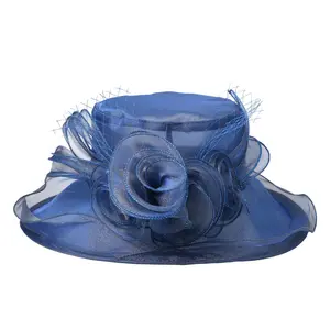 Women's Organza Derby Hat with Floral Mesh Trim Wide Brim Fascinator for Tea Party Wedding