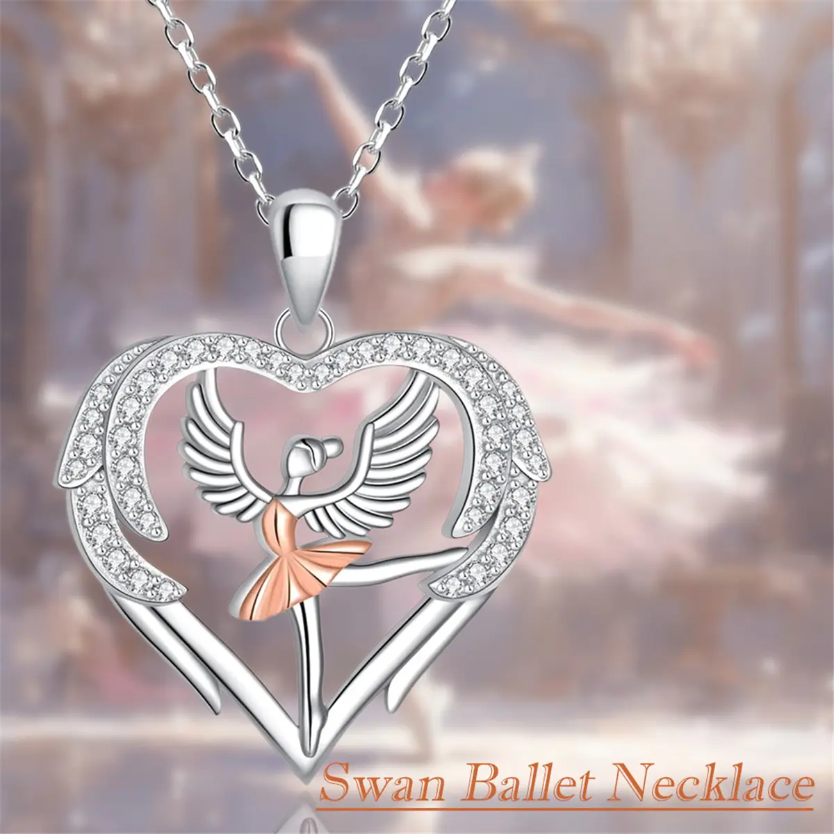 Dainty Swan Ballet Dancer Heart Necklace for Women, Sparkling Stainless Steel & Cubic Zirconia Pendant, Short Chain for Wedding Anniversary Gift, Stainless Steel Jewelry, Daily, Elegant, Exquisite Sparkling, Female, Alloy, Chain Jewelry Necklaces