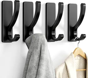 Pickpiff Adhesive Wall Hooks for Towels - Sticky Hook Hanging Heavy Duty (13Lb), Hanger for Door, Bathroom, Dorm, Closet - for Coats, Purse, Bag, Robe - No Damage to Wall - Black 4 Pack pickpiff