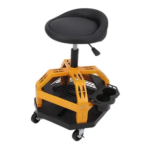 【GARVEE】Rolling Garage Stool with Adjustable Height, 330LBS Capacity, 360° Swivel Seat, Double Tool Tray Storage, Heavy Duty Work Bench, Comfortable Padded Shop Seat with Cup Holder, Yellow