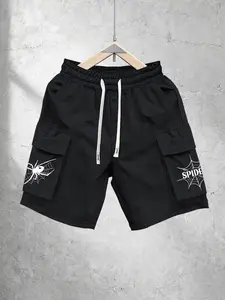 Men's Summer Casual Gym Shorts, High Street Spider-Man Cargo Pants, Loose Drawstring Multi-Pocket Functional Style, Athleisure Casual Shorts, Cool Sports Shorts