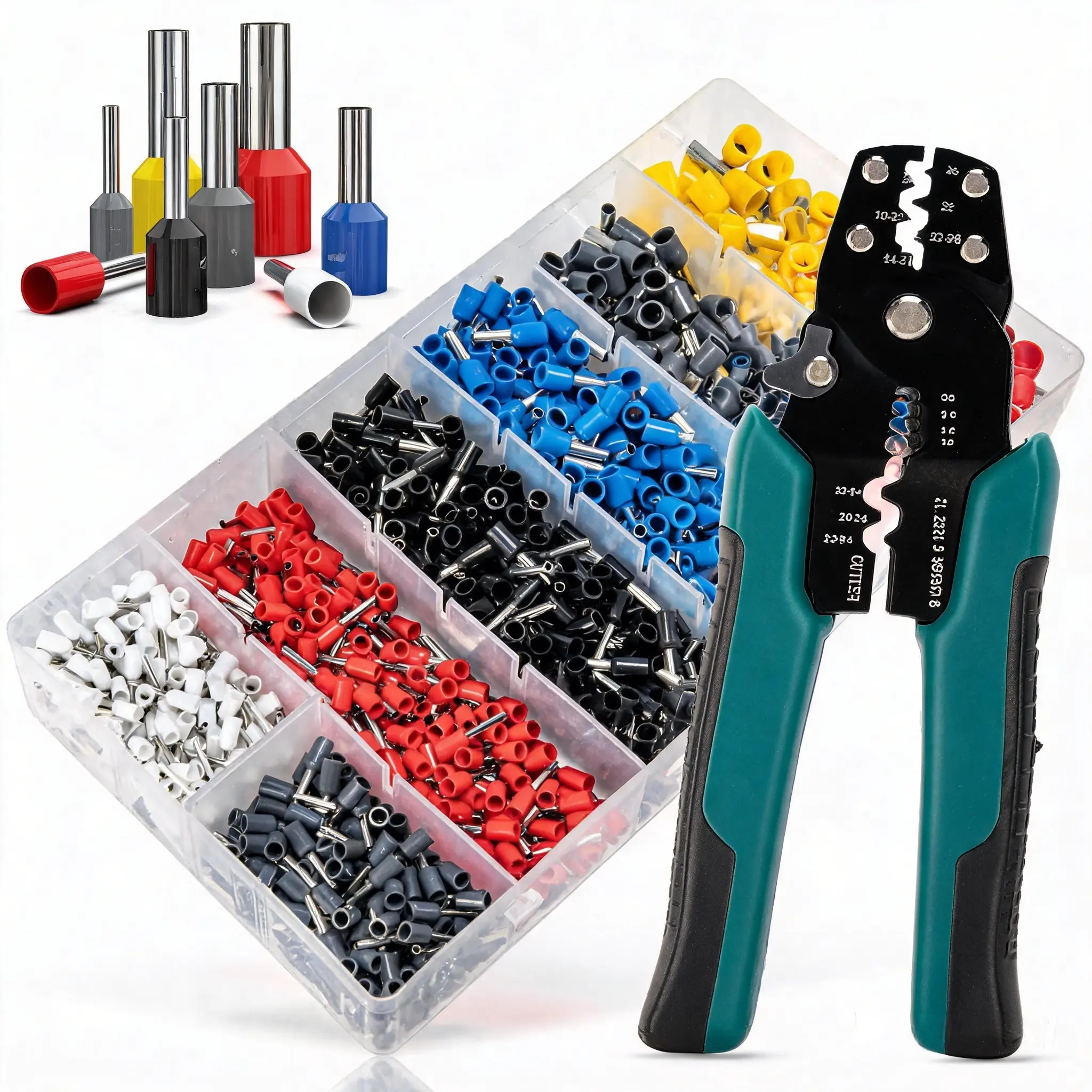 1200PCS Wire Ferrules Terminal Kit + Self Adjust Ratchet Crimper Pliers, AWG23-7 Cord End Connectors Crimp Tool for Household & Automotive Electrical Wiring