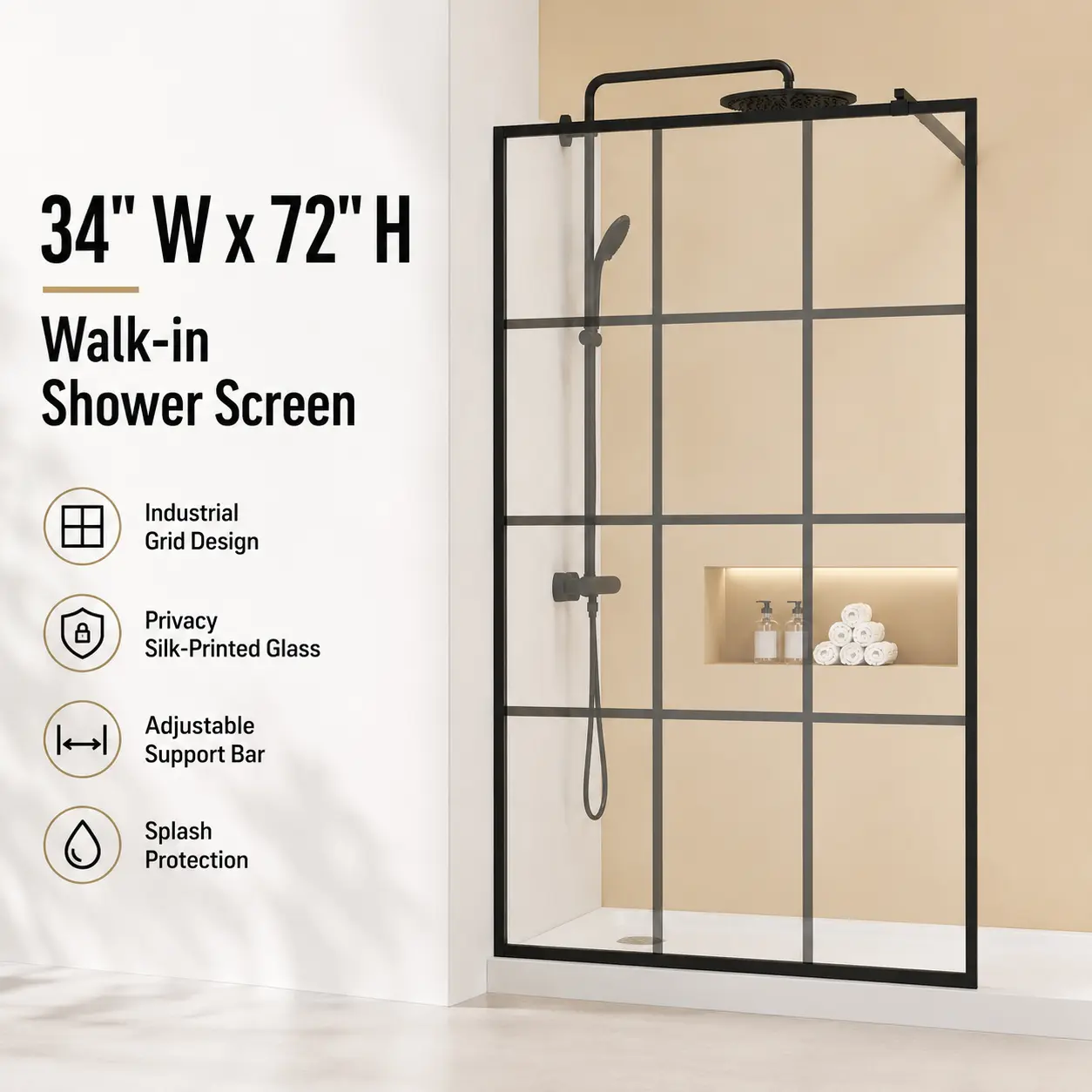 34" W x 72" H Walk-in Shower Screen, Matte Black Framed 6mm Silk-Printed Tempered Glass with Adjustable Support Bar