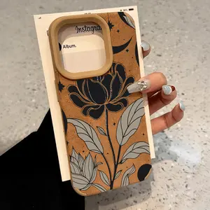 Luxury Matte Lambskin Faux Leather Phone Case for iPhone 15 Plus 16 Pro Max 14 13 12 11 XS XR Beautiful Art Flowers Pattern Anti-Scratch Shockproof Soft Silicone Protective Cover