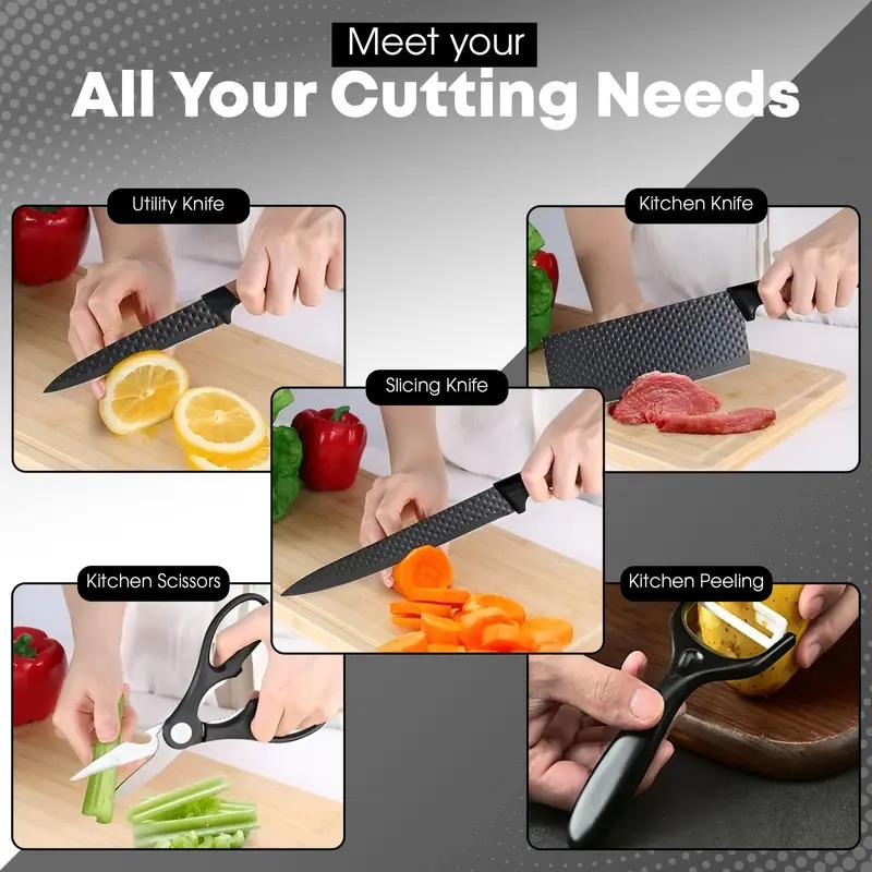 6-Piece Black Diamond Texture Kitchen Knife Set with Wooden Handle | Ultra Sharp Stainless Steel Chef Knives, Cleaver, Scissors & Peeler, Non-Stick Coating, Ideal for Home Cooking & Gifts