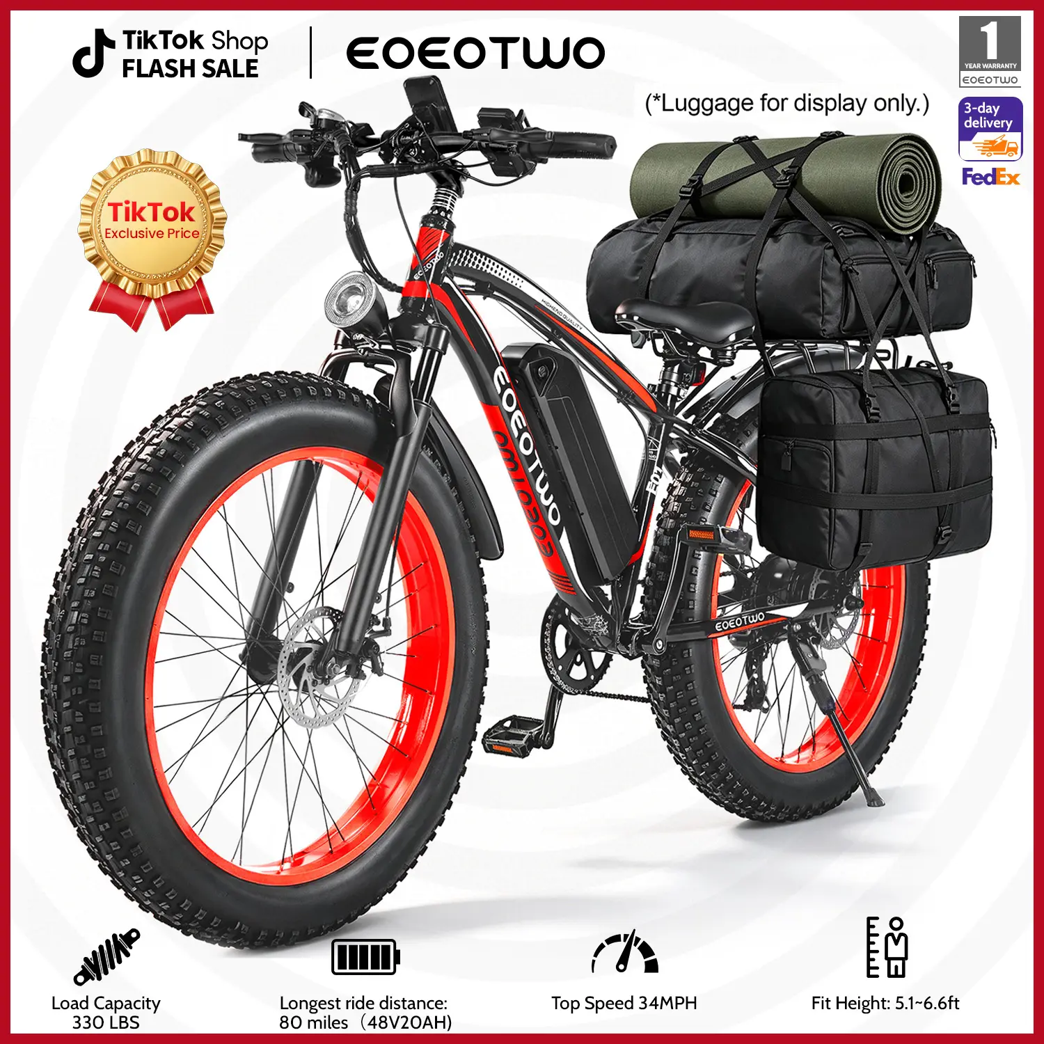 EOEOTWO- (Model E01) – electric bike  1500W Peak Power, All-terrain E-bike with 60-mile（Pedal Assist Mode），26x4-inch , 48V 15Ah  & 34mph Max Speed. Suitable for Road, Sandy, Mountain & Snowy Terrain,camping essentials