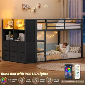 Sikaic Twin Over Twin Bunk Bed with Storage Drawers & Open Storage Shleves with LED Lights, Metal Black Low Bunk Bed Safety Ladder and 13.4" H Guardrail, Space Saving summervibes