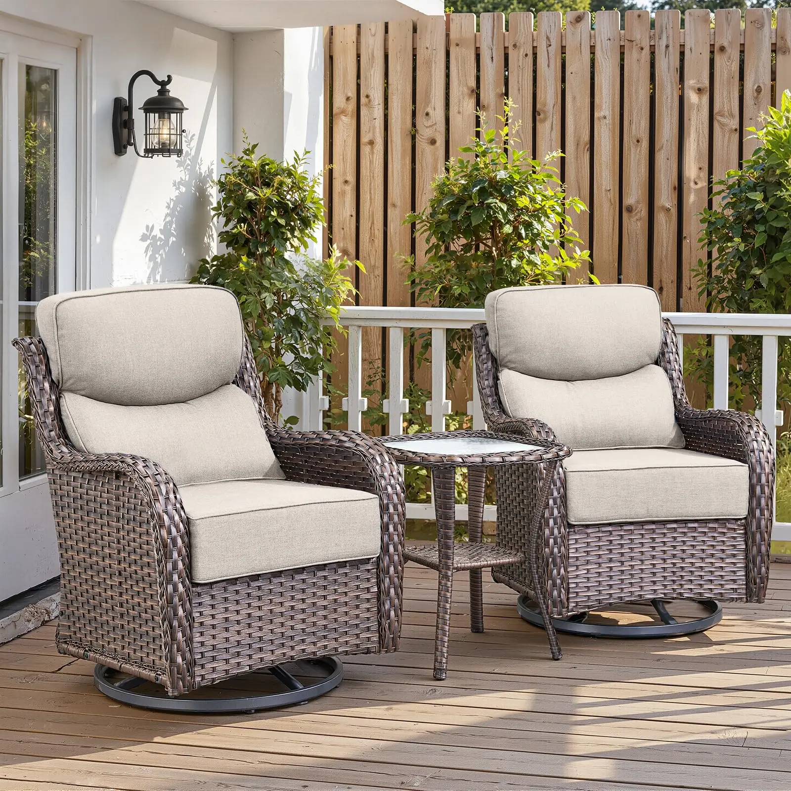 Belord 3-Piece Wicker Swivel Glider Set, Glass Table & Chairs,6" Extra-Thick Cushions, Rocking Chair, Wicker Chair, Outdoor Rattan Sectional Set, Outdoor Patio Wicker, NT Series