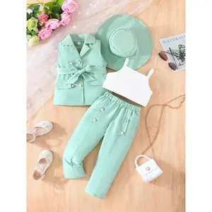 4pcs Girls Suit Elegant Sleeveless Vest + Trousers + Camisole With Hat Set For Daily & Casual & Party