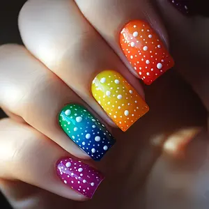 Short Rainbow Gradient Polka Dot 24-Piece Nail Wraps, Summer Fresh Colorful Short Square Nails, Sweet Cool Fake Nails, Easy to Remove