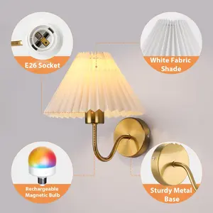 Nordic Pleated Fabric Wall Lamp, USB-Charging LED Wall Light No Wiring Required (Drilling Needed), 2000mAh RGB Dimmable Bulb,2P For Bedroom, Study, Hallway, Living Room, Staircase, Indoors Decorative Lighting Fixture, Atmosphere Lighting