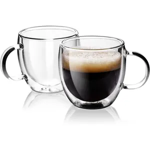 Double Wall Glass Espresso Cups 5oz/150ml, A set of 2, Thermo Insulated Borosilicate Glass Cups with Handle