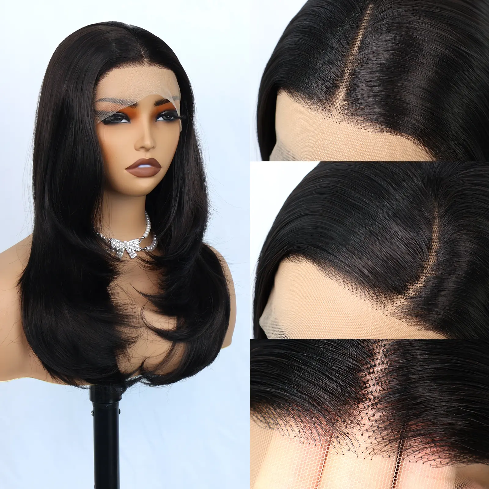 22" Layered Straight 13x4 Transparent Lace Frontal Wig Natural Black Glueless Wigs for Women Heat Resistant Synthetic Hair Pre Plucked Natural Hairline C Curl Feathered Cut Blowout Wigs