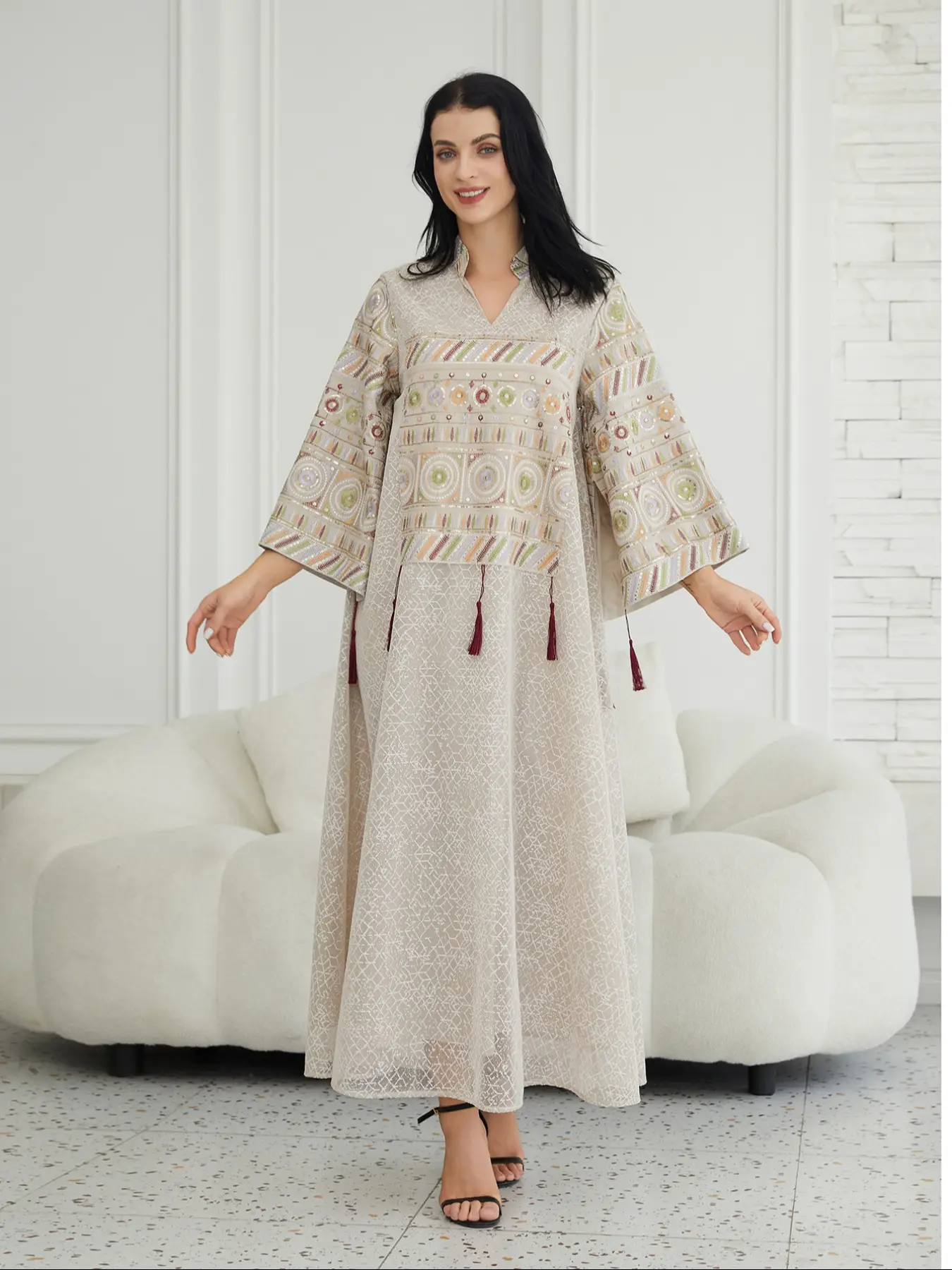 Elegant Women's Middle Eastern Style Jalabiya Dress, Long Sleeve Stand Collar Maxi Dress, Beaded Sequins Patchwork Design Womenswear, Garment