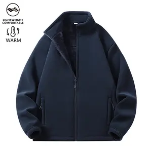 Men's Deep Blue Fleece Lined Warm Jacket - Full Zip Up Stand Collar Coat, Soft Warm Interior, Zipper Pockets, Comfortable Casual Top, A Must Have For Cold Weather & Everyday Wear